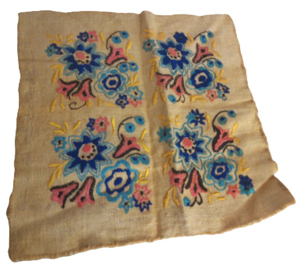 Vintage Embroidered Burlap Square 13x13 Floral Blue & Pink Rustic Textile Art